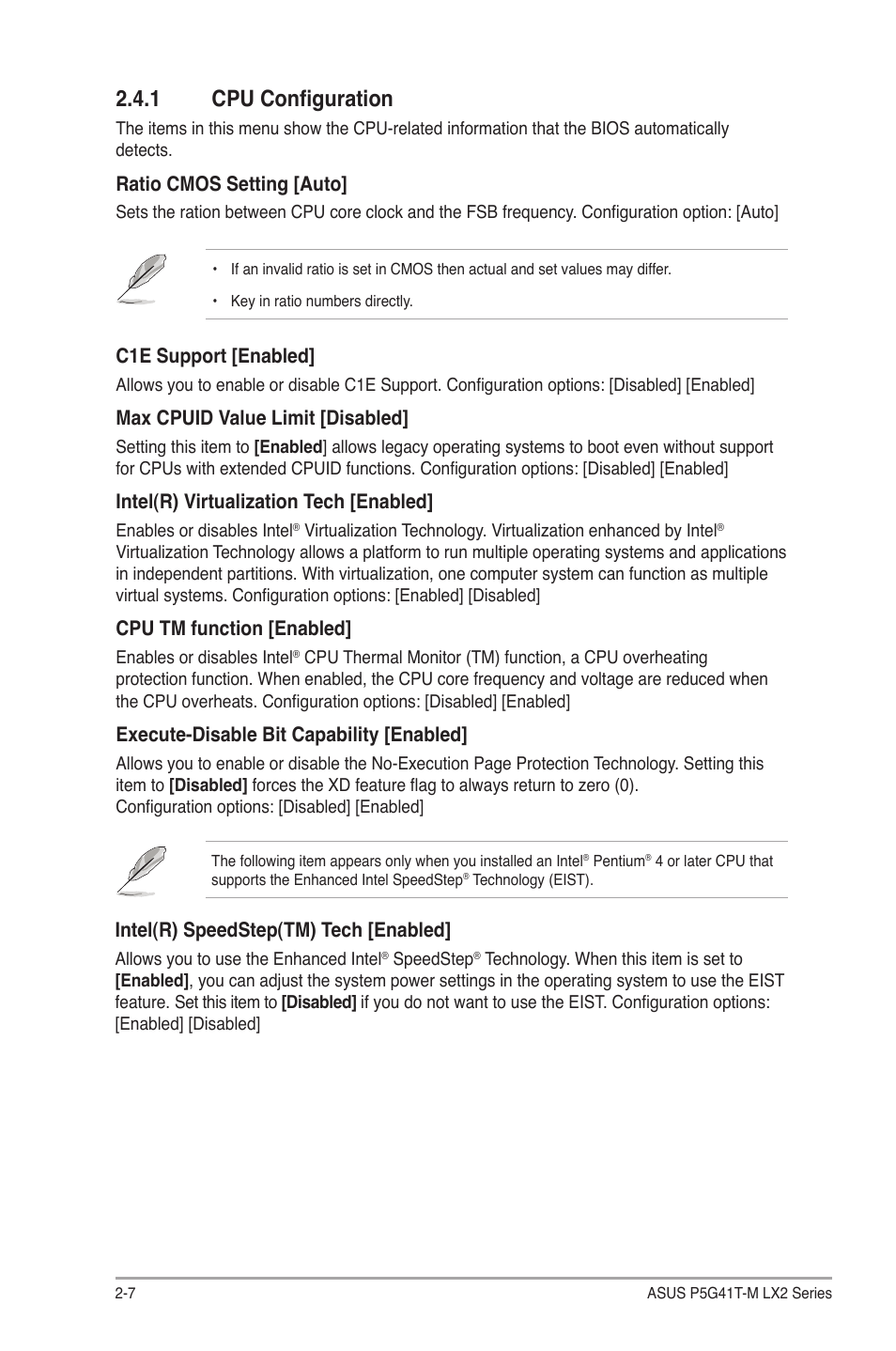 1 cpu configuration, Cpu configuration -7 | Asus P5G41T-M LX2 User Manual | Page 32 / 40