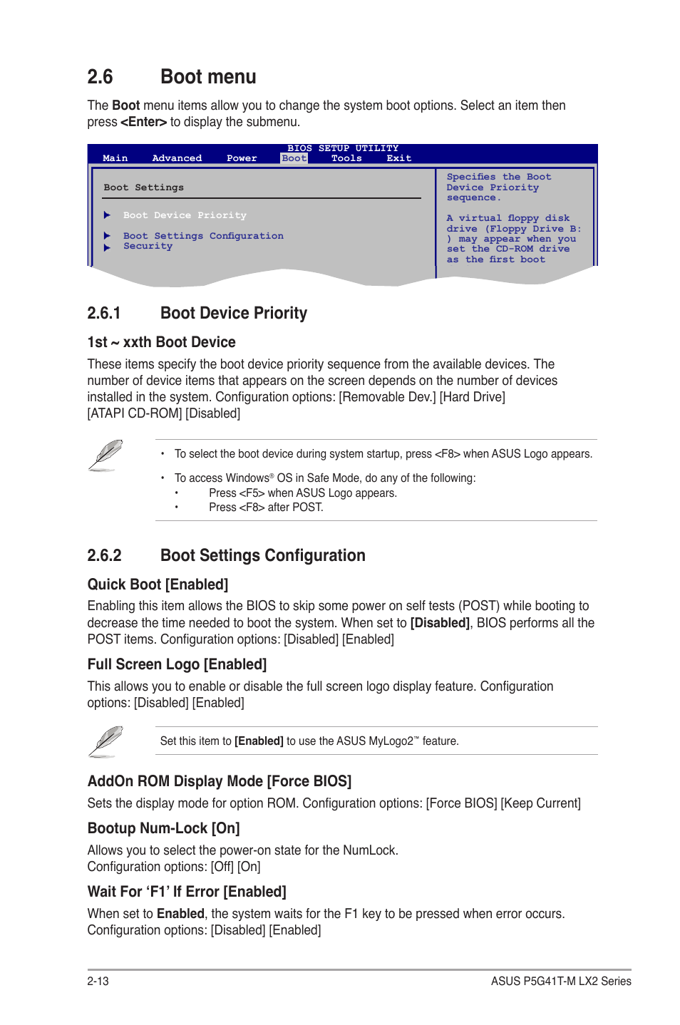 6 boot menu, 1 boot device priority, 2 boot settings configuration | Boot menu -13 2.6.1, Boot device priority -13, Boot settings configuration -13, 1st ~ xxth boot device, Quick boot [enabled, Full screen logo [enabled, Addon rom display mode [force bios | Asus P5G41T-M LX2 User Manual | Page 38 / 40