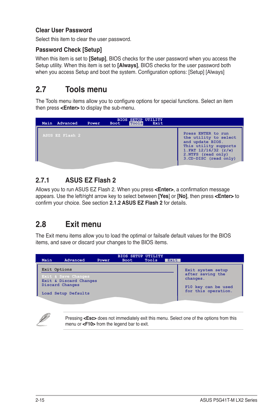 7 tools menu, 1 asus ez flash 2, 8 exit menu | Tools menu -15 2.7.1, Asus ez flash 2 -15, Exit menu -15, Clear user password, Password check [setup | Asus P5G41T-M LX2 User Manual | Page 40 / 40