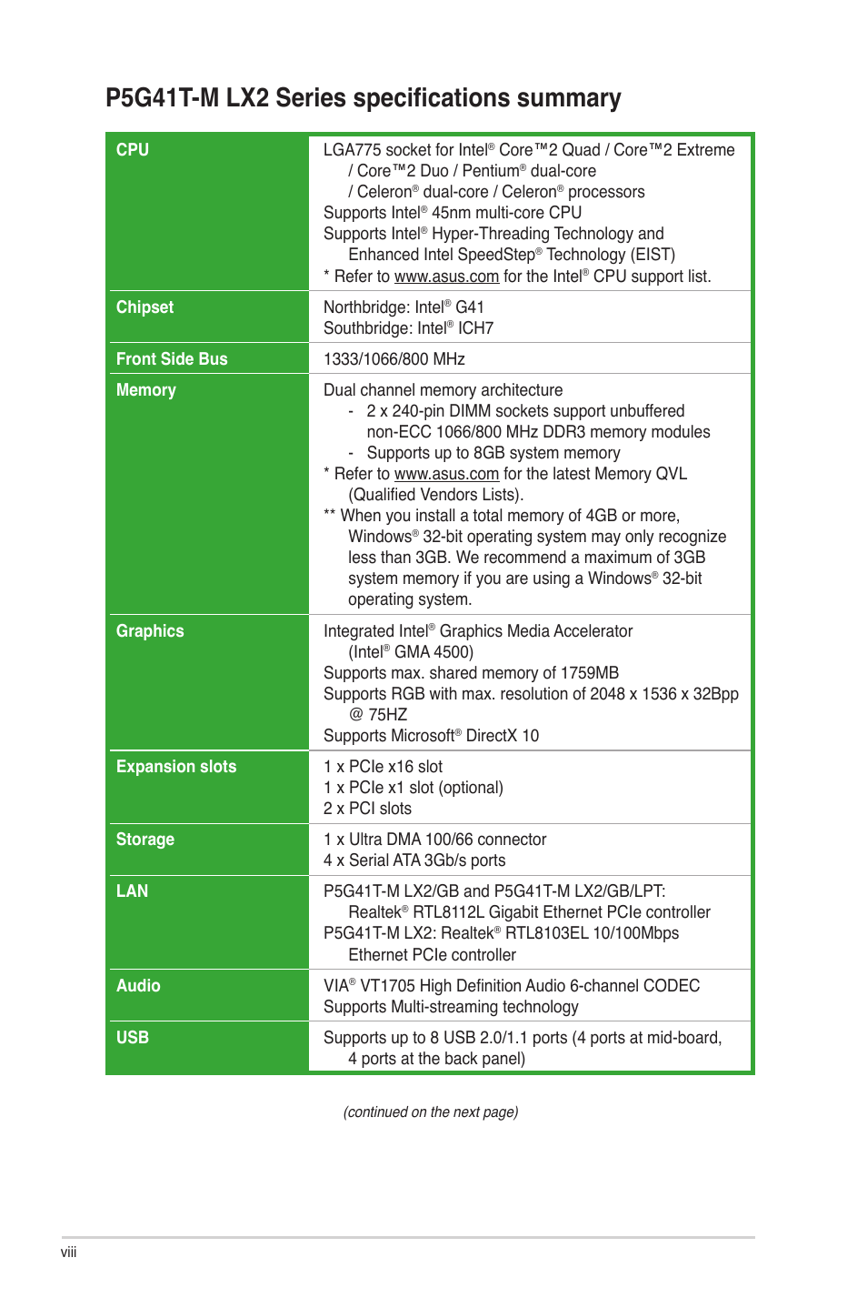 P5g41t-m lx2 series specifications summary | Asus P5G41T-M LX2 User Manual | Page 8 / 40