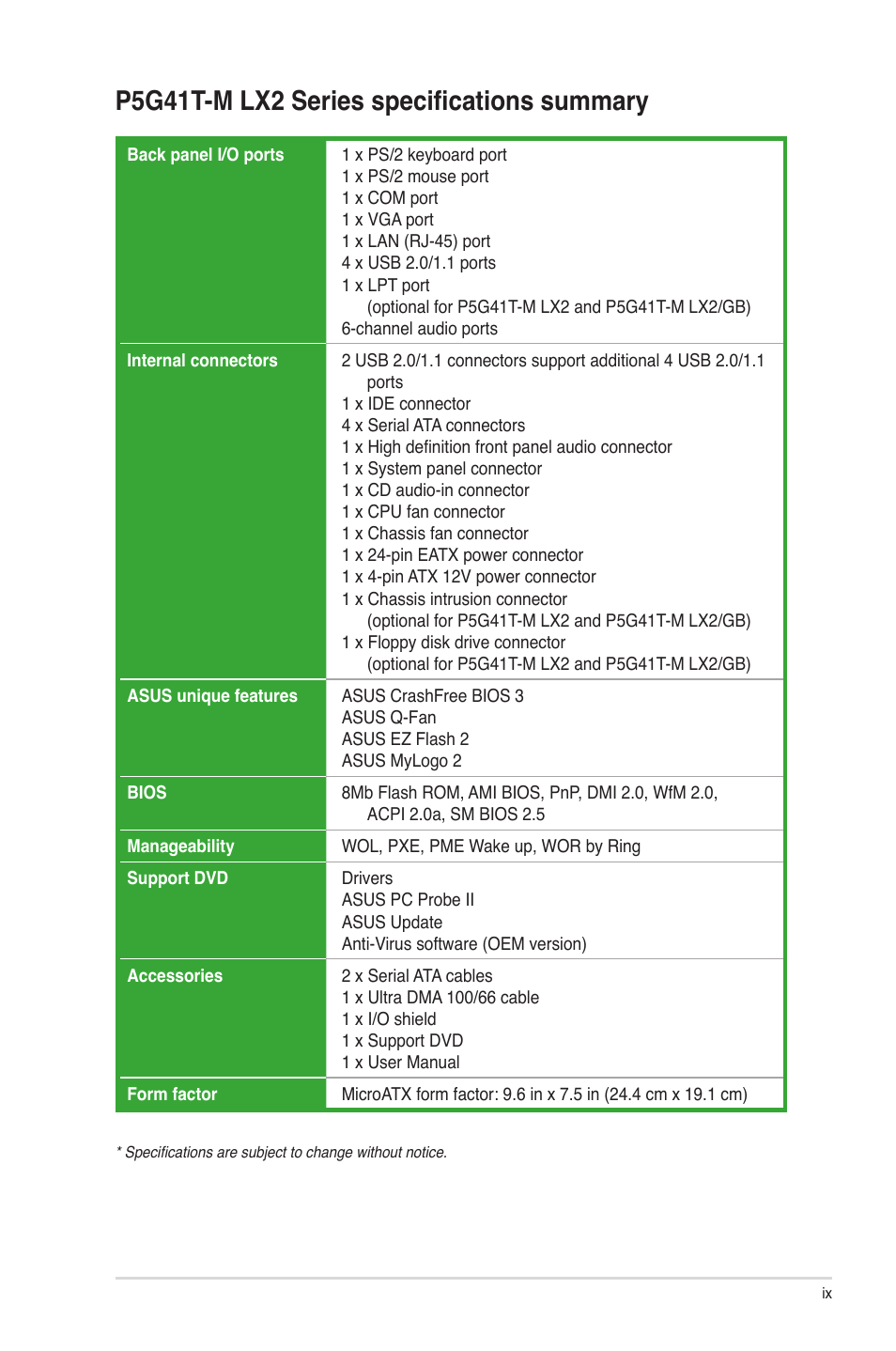 P5g41t-m lx2 series specifications summary | Asus P5G41T-M LX2 User Manual | Page 9 / 40