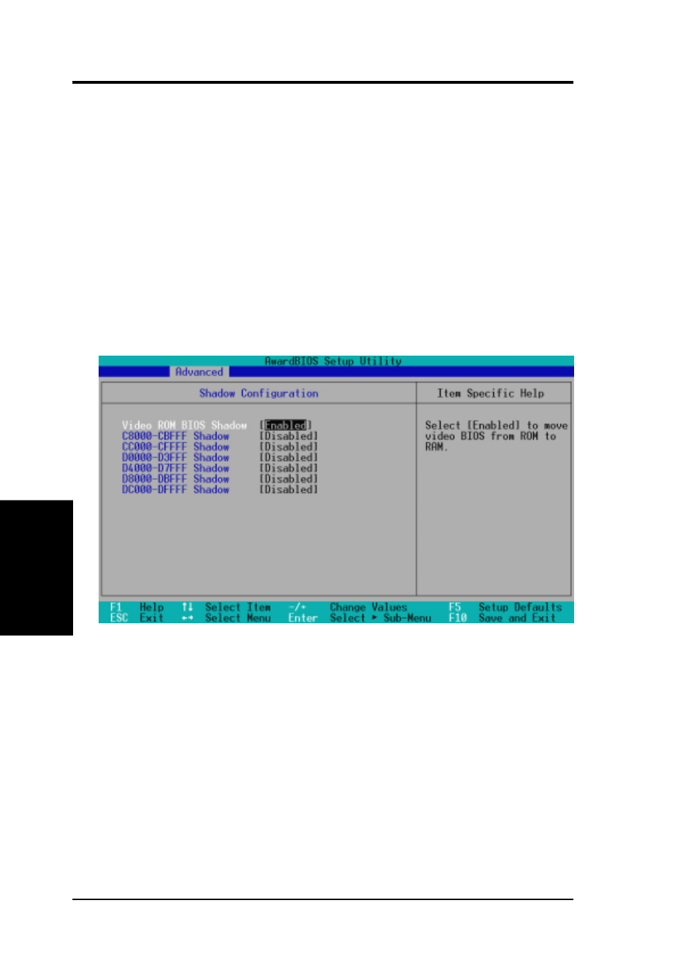 Bios setup, 4 shadow configuration | Asus CUV4X-C User Manual | Page 66 / 94