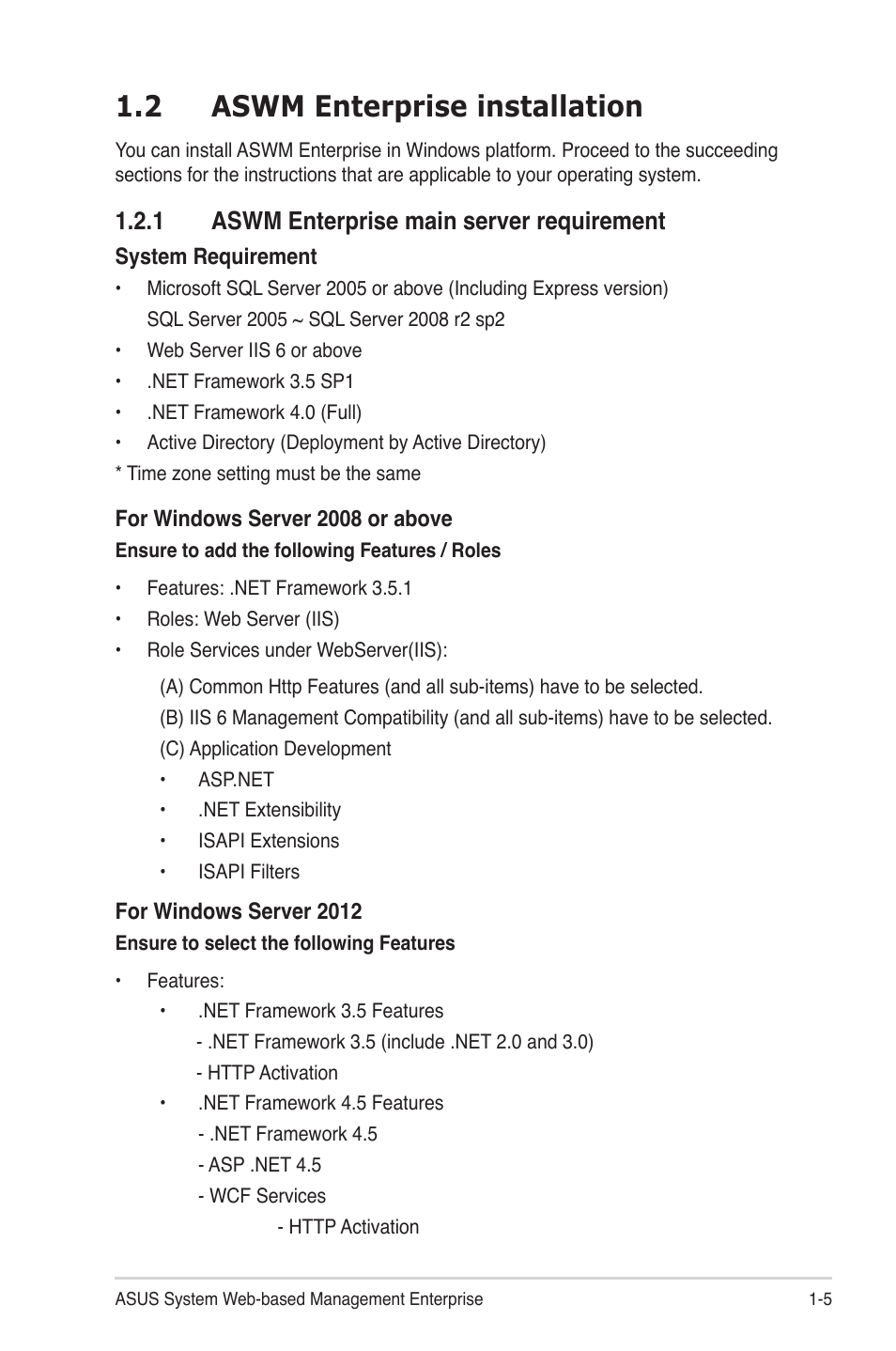 2 aswm enterprise installation, 1 aswm enterprise main server requirement, Aswm enterprise installation -5 | Aswm enterprise main server requirement -5 | Asus ASWM Enterprise System Web-based Management User Manual | Page 11 / 94