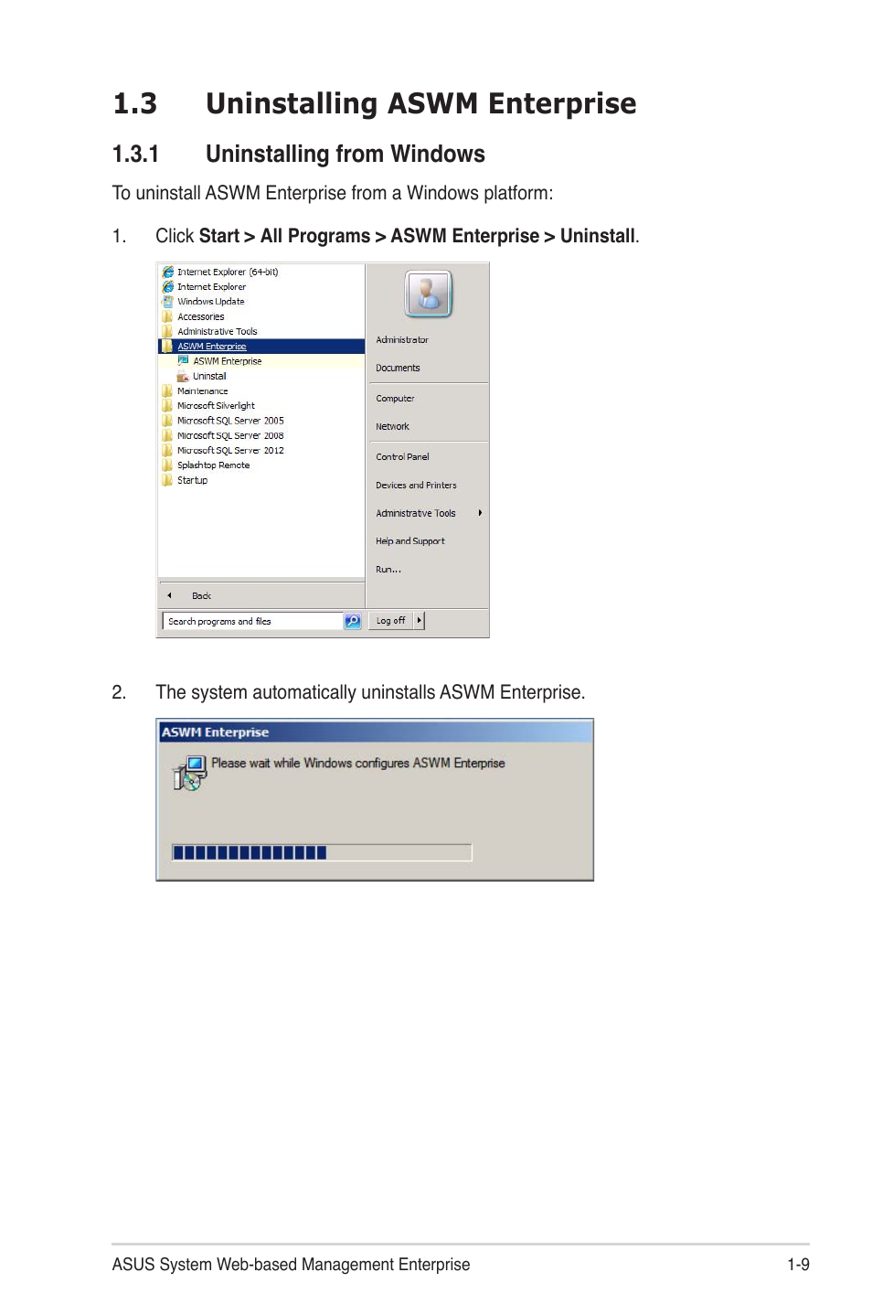 3 uninstalling aswm enterprise, 1 uninstalling from windows, 3 uninstalling aswm enterprise -9 | Uninstalling from windows -9 | Asus ASWM Enterprise System Web-based Management User Manual | Page 15 / 94