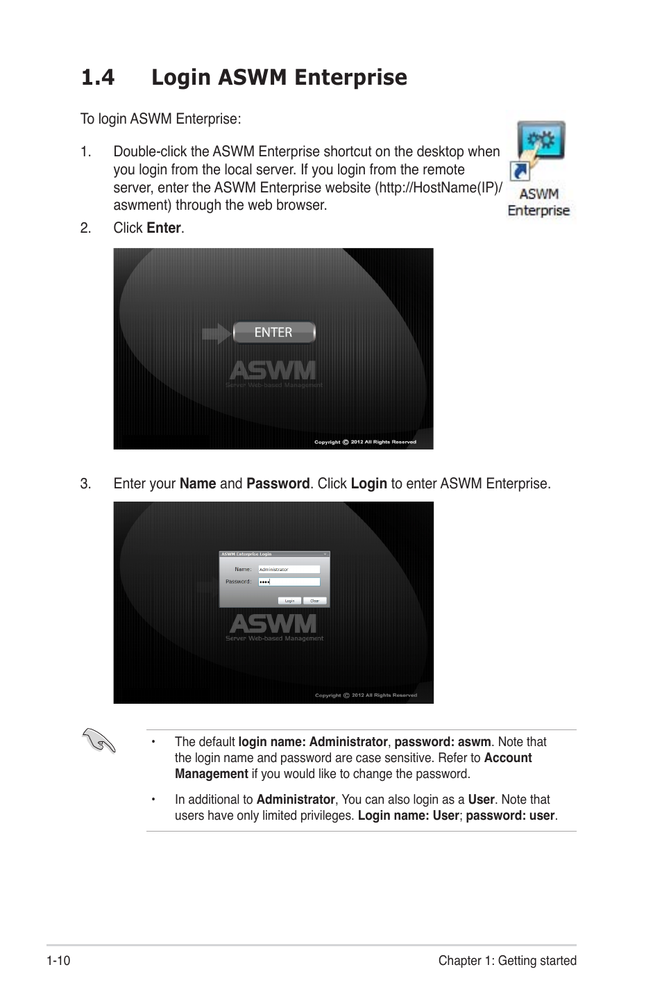 4 login aswm enterprise, 4 login aswm enterprise -10 | Asus ASWM Enterprise System Web-based Management User Manual | Page 16 / 94