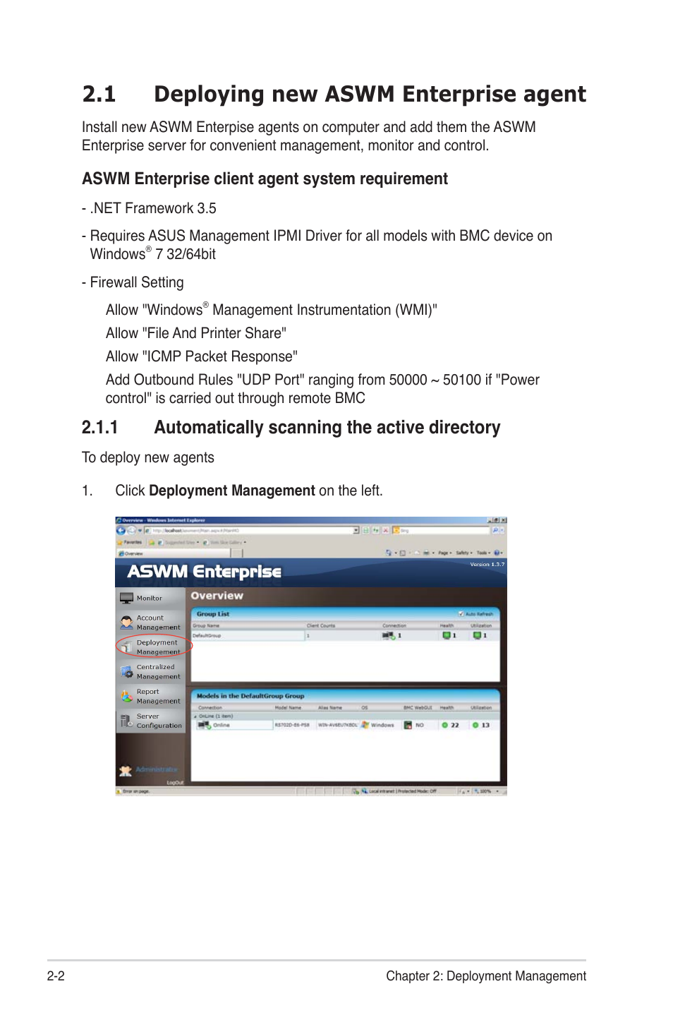 1 deploying new aswm enterprise agent, 1 automatically scanning the active directory, 1 deploying new aswm enterprise agent -2 | Automatically scanning the active directory -2 | Asus ASWM Enterprise System Web-based Management User Manual | Page 20 / 94