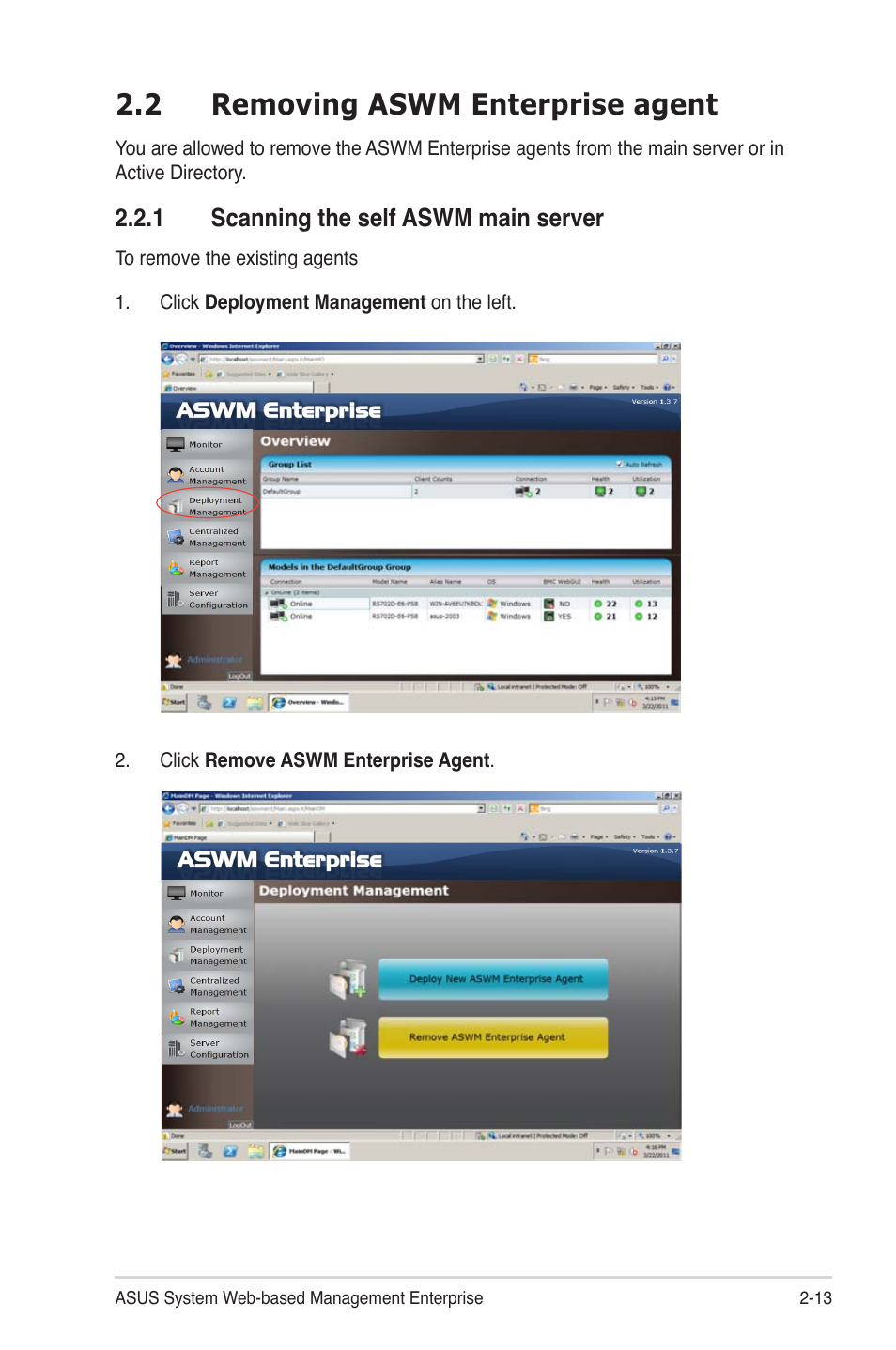 2 removing aswm enterprise agent, 1 scanning the self aswm main server, 2 removing aswm enterprise agent -13 | Scanning the self aswm main server -13 | Asus ASWM Enterprise System Web-based Management User Manual | Page 31 / 94