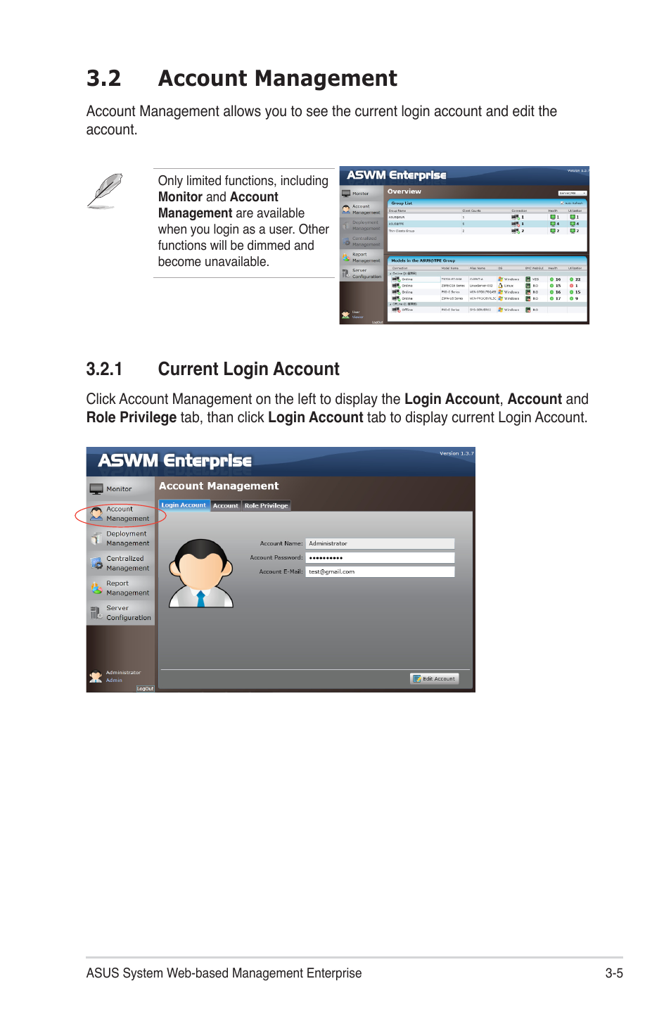 2 account management, 1 current login account, 2 account management -5 | Current login account -5 | Asus ASWM Enterprise System Web-based Management User Manual | Page 41 / 94