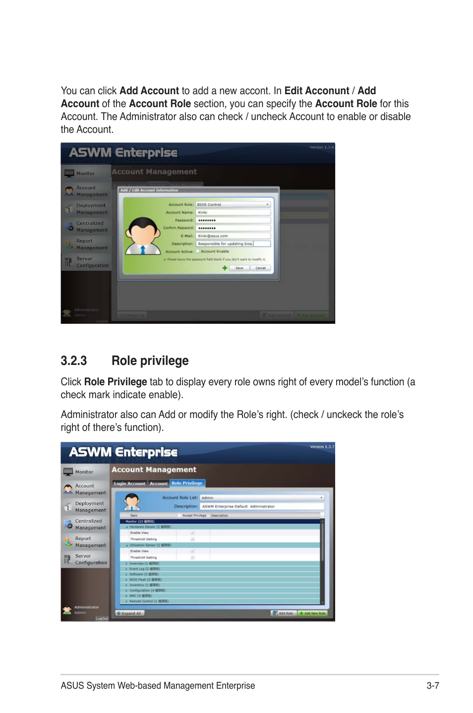 3 role privilege, Role privilege -7 | Asus ASWM Enterprise System Web-based Management User Manual | Page 43 / 94