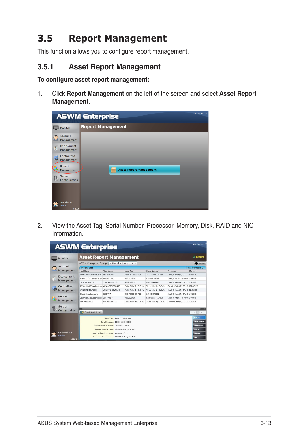 5 report management, 1 asset report management, 5 report management -13 | 1 asset report management -13 | Asus ASWM Enterprise System Web-based Management User Manual | Page 49 / 94