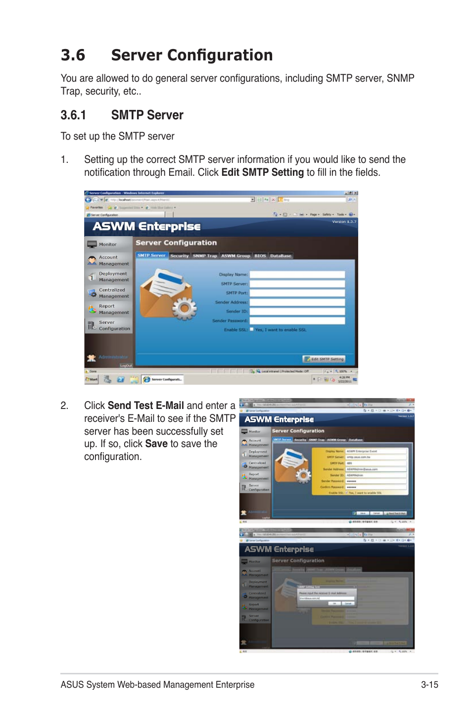 6 server configuration, 1 smtp server, 6 server configuration -15 | 1 smtp server -15 | Asus ASWM Enterprise System Web-based Management User Manual | Page 51 / 94