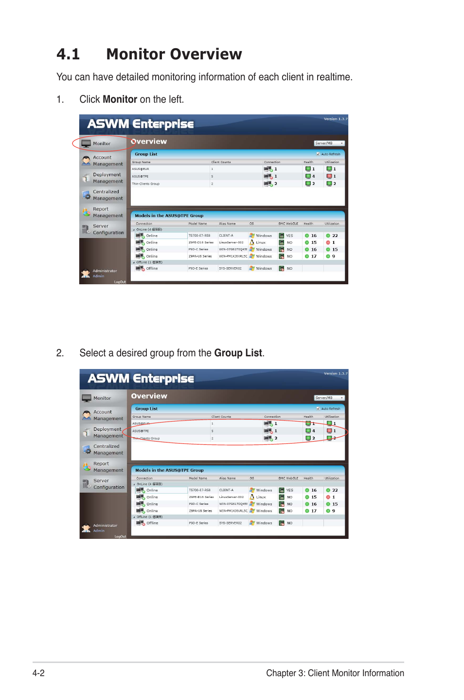 1 monitor overview, 1 monitor overview -2 | Asus ASWM Enterprise System Web-based Management User Manual | Page 56 / 94