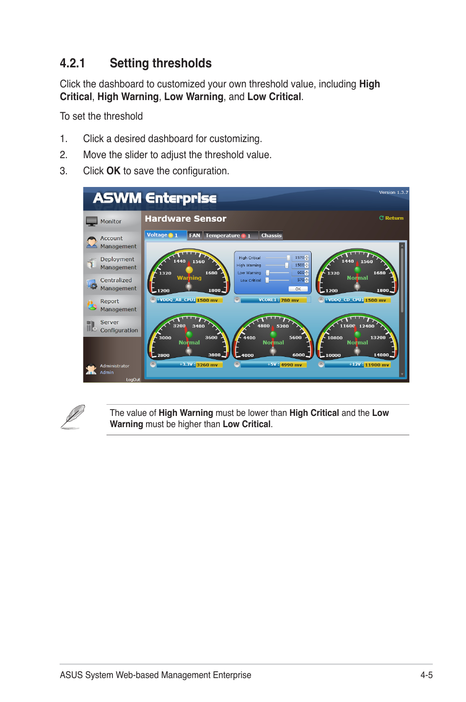 1 setting thresholds, Setting thresholds -5 | Asus ASWM Enterprise System Web-based Management User Manual | Page 59 / 94