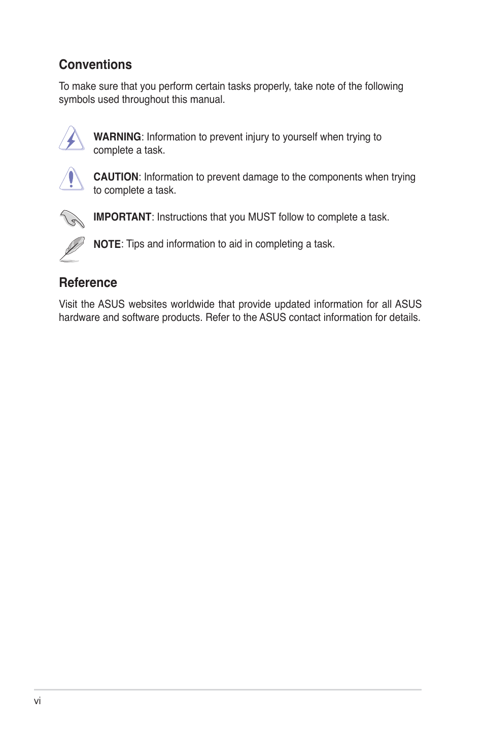 Conventions, Reference | Asus ASWM Enterprise System Web-based Management User Manual | Page 6 / 94