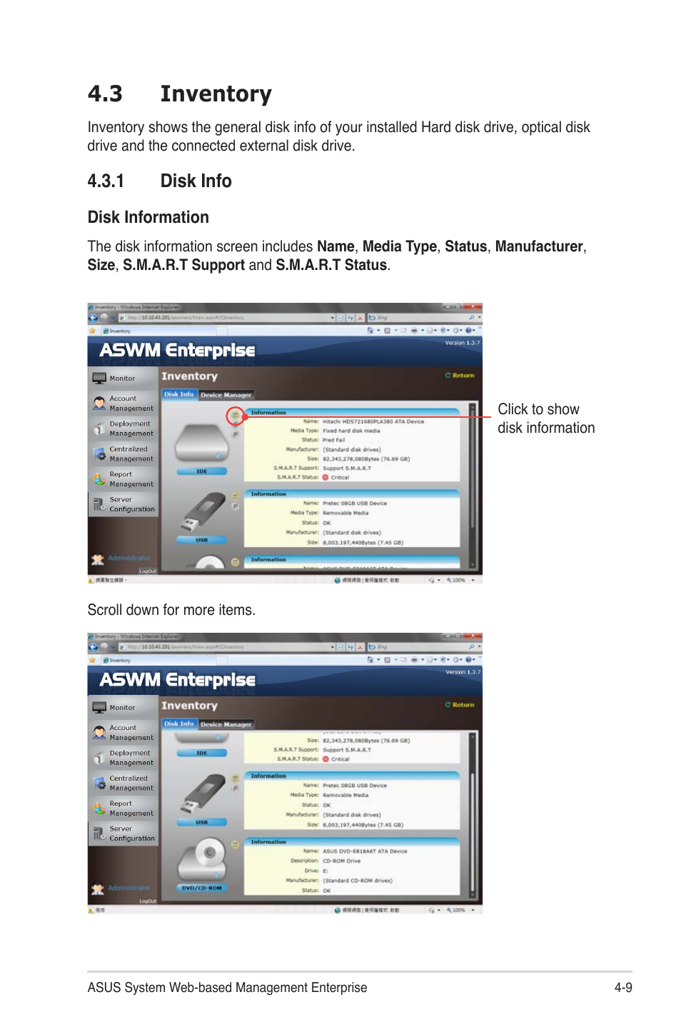 3 inventory, 1 disk info, 3 inventory -9 | Disk info -9 | Asus ASWM Enterprise System Web-based Management User Manual | Page 63 / 94