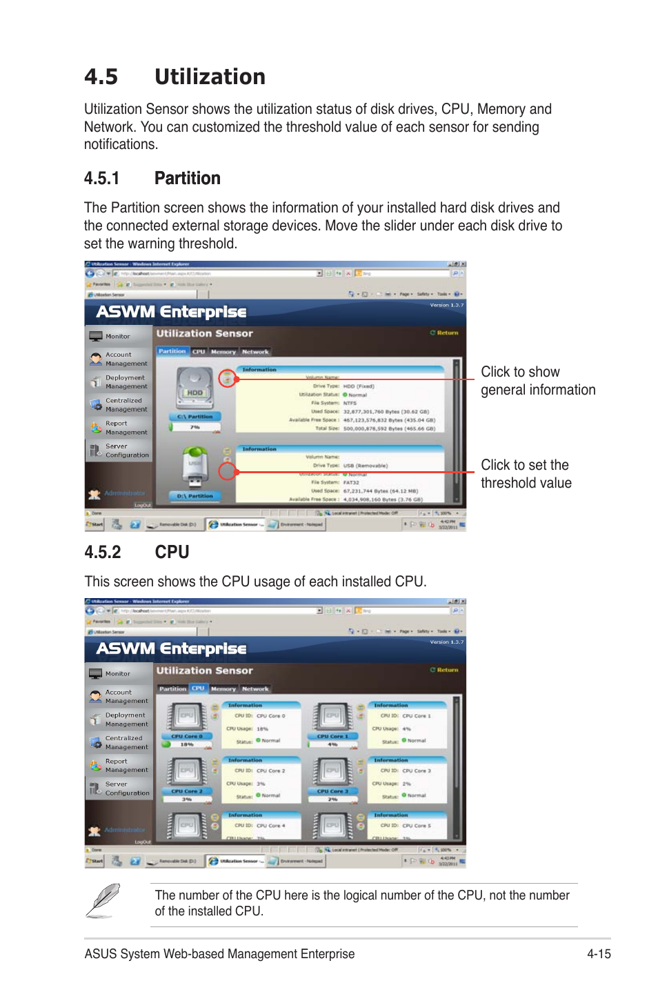 5 utilization, 1 partition, 2 cpu | 5 utilization -15, Partition -15, Cpu -15, 1 partition partition | Asus ASWM Enterprise System Web-based Management User Manual | Page 69 / 94