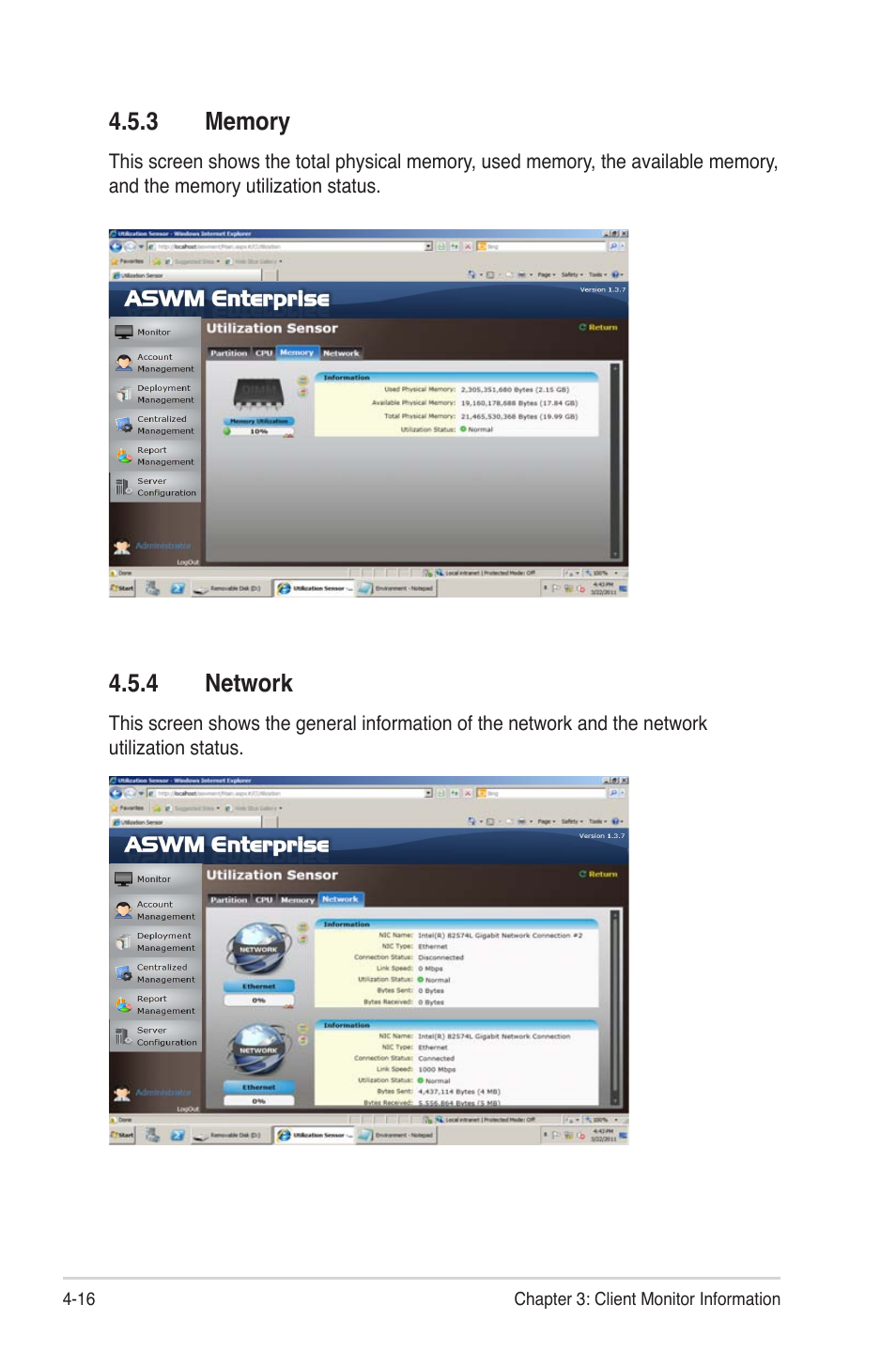 3 memory, 4 network, Memory -16 | Network -16 | Asus ASWM Enterprise System Web-based Management User Manual | Page 70 / 94