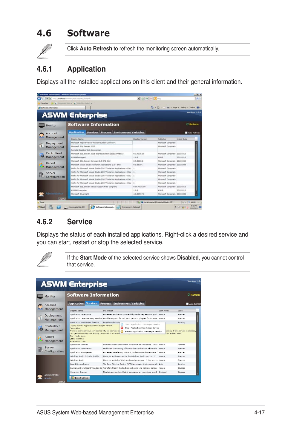 6 software, 1 application, 2 service | 6 software -17, Application -17, Service -17 | Asus ASWM Enterprise System Web-based Management User Manual | Page 71 / 94