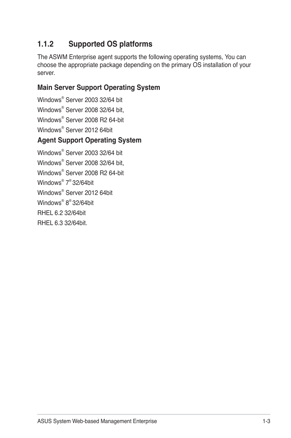 2 supported os platforms, Supported os platforms -3, Main server support operating system | Agent support operating system | Asus ASWM Enterprise System Web-based Management User Manual | Page 9 / 94