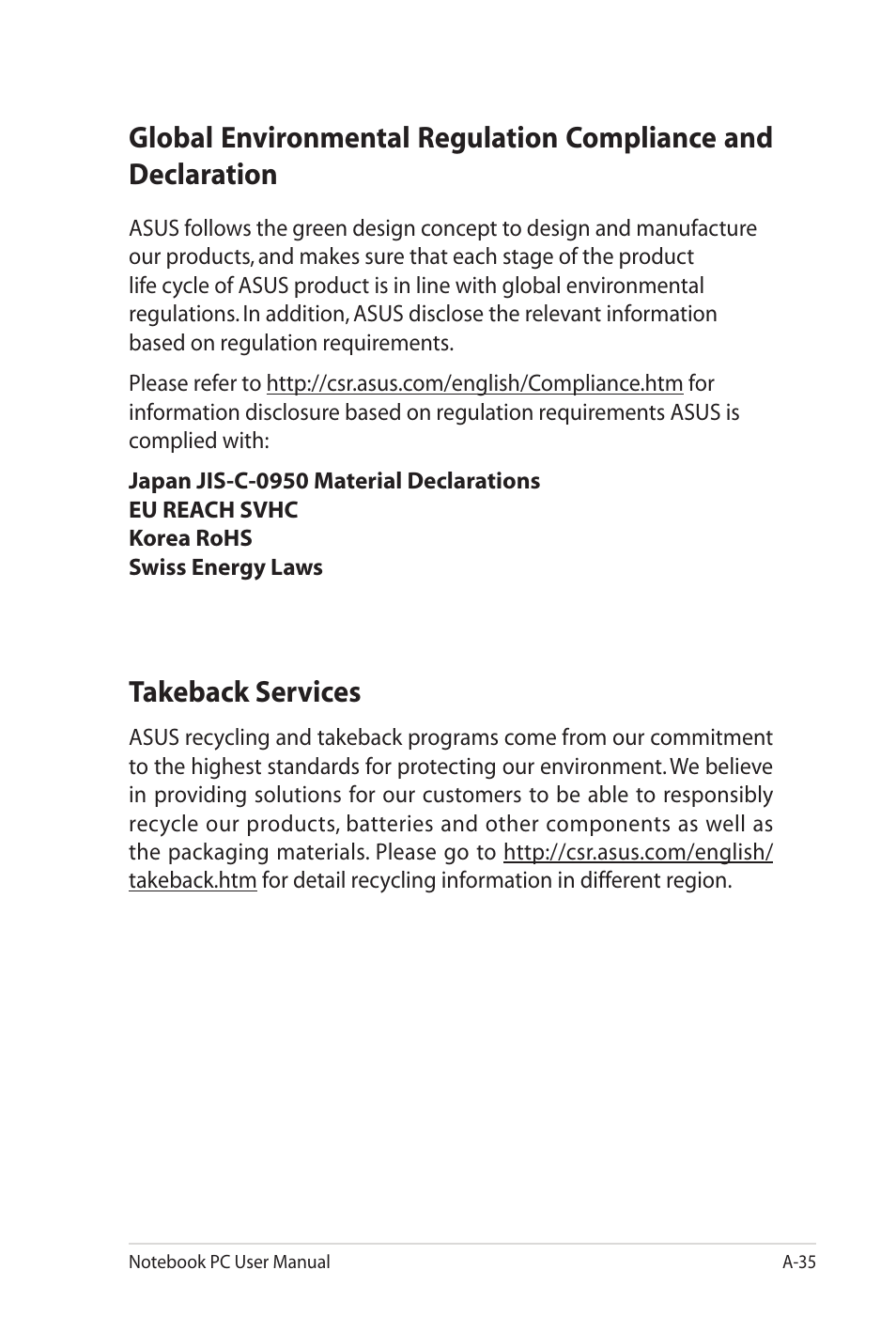 Takeback services | Asus G73Jw User Manual | Page 115 / 118