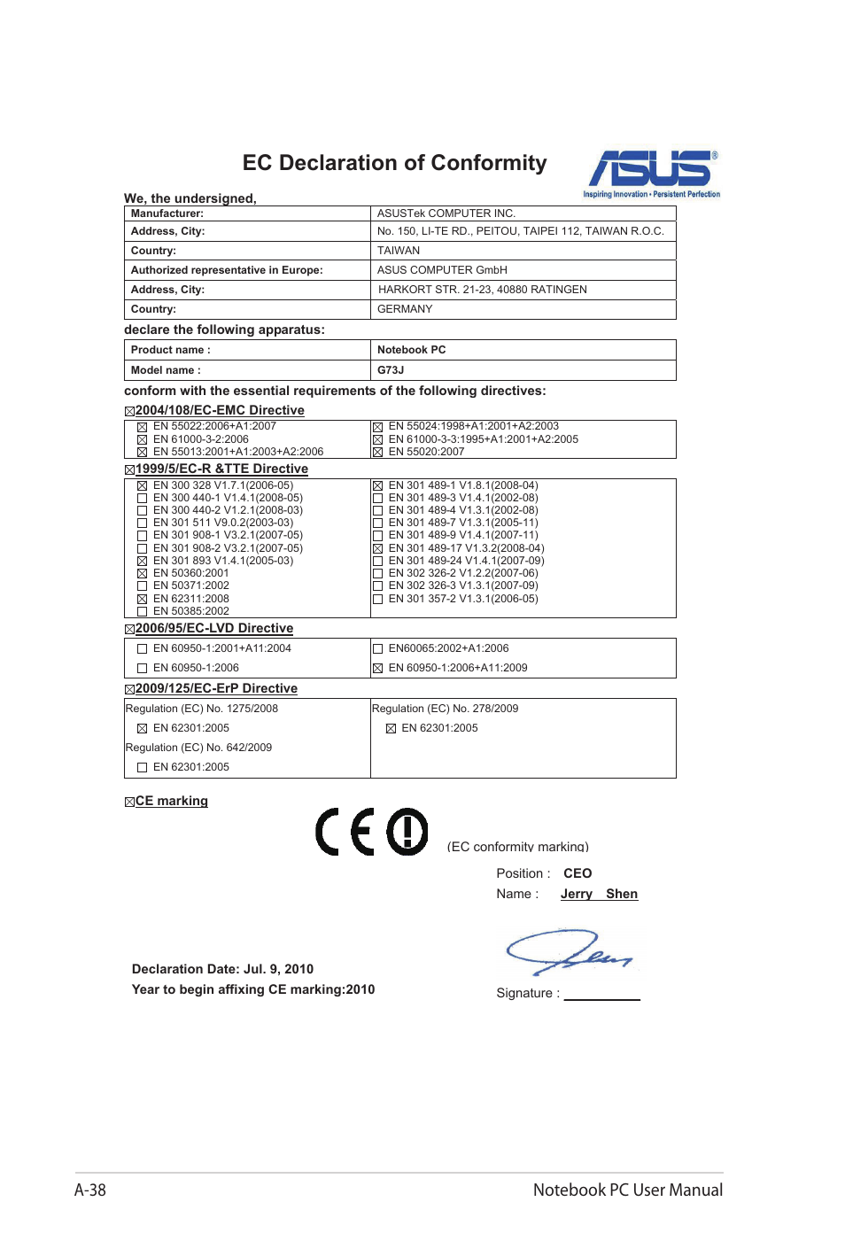 Ec declaration of conformity | Asus G73Jw User Manual | Page 118 / 118