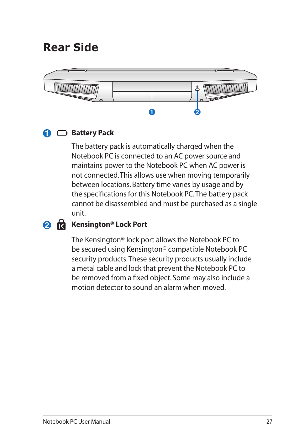 Rear side | Asus G73Jw User Manual | Page 27 / 118