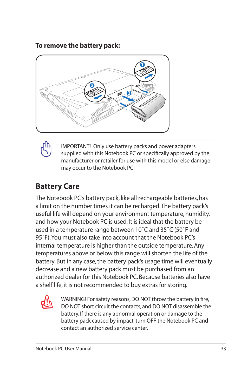 Battery care | Asus G73Jw User Manual | Page 33 / 118