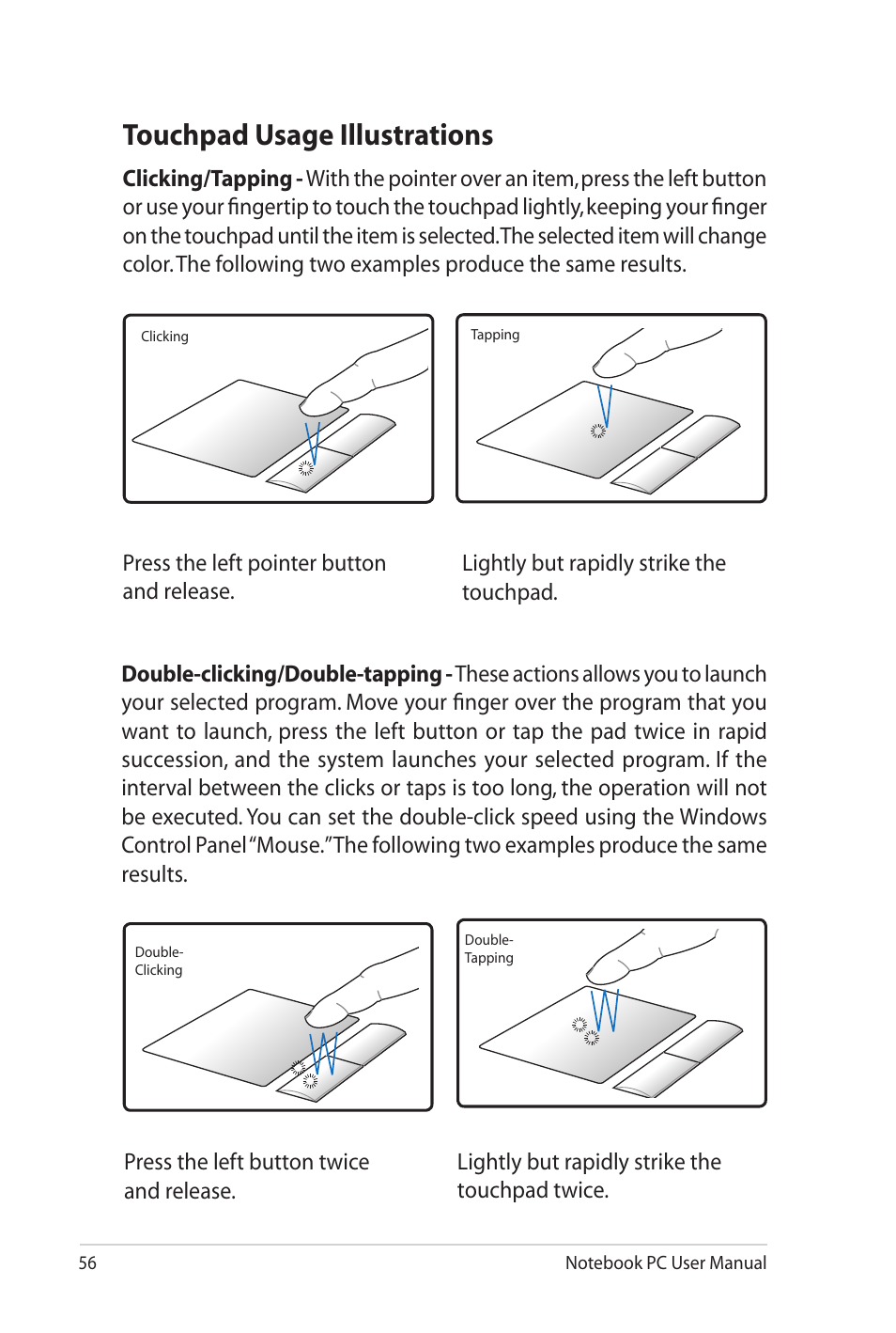 Touchpad usage illustrations | Asus G73Jw User Manual | Page 56 / 118