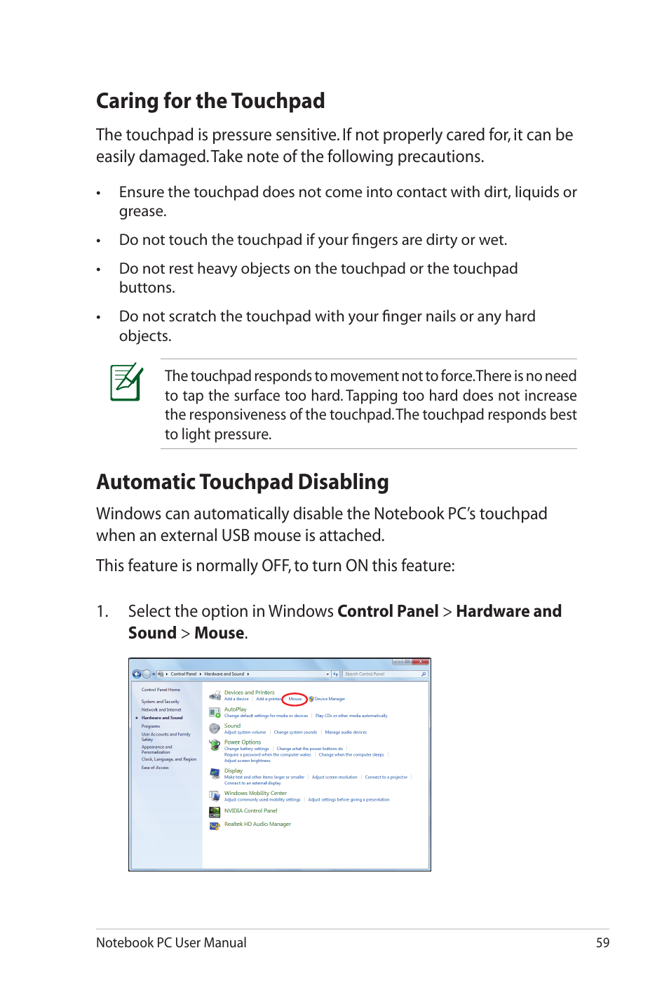 Caring for the touchpad, Automatic touchpad disabling | Asus G73Jw User Manual | Page 59 / 118