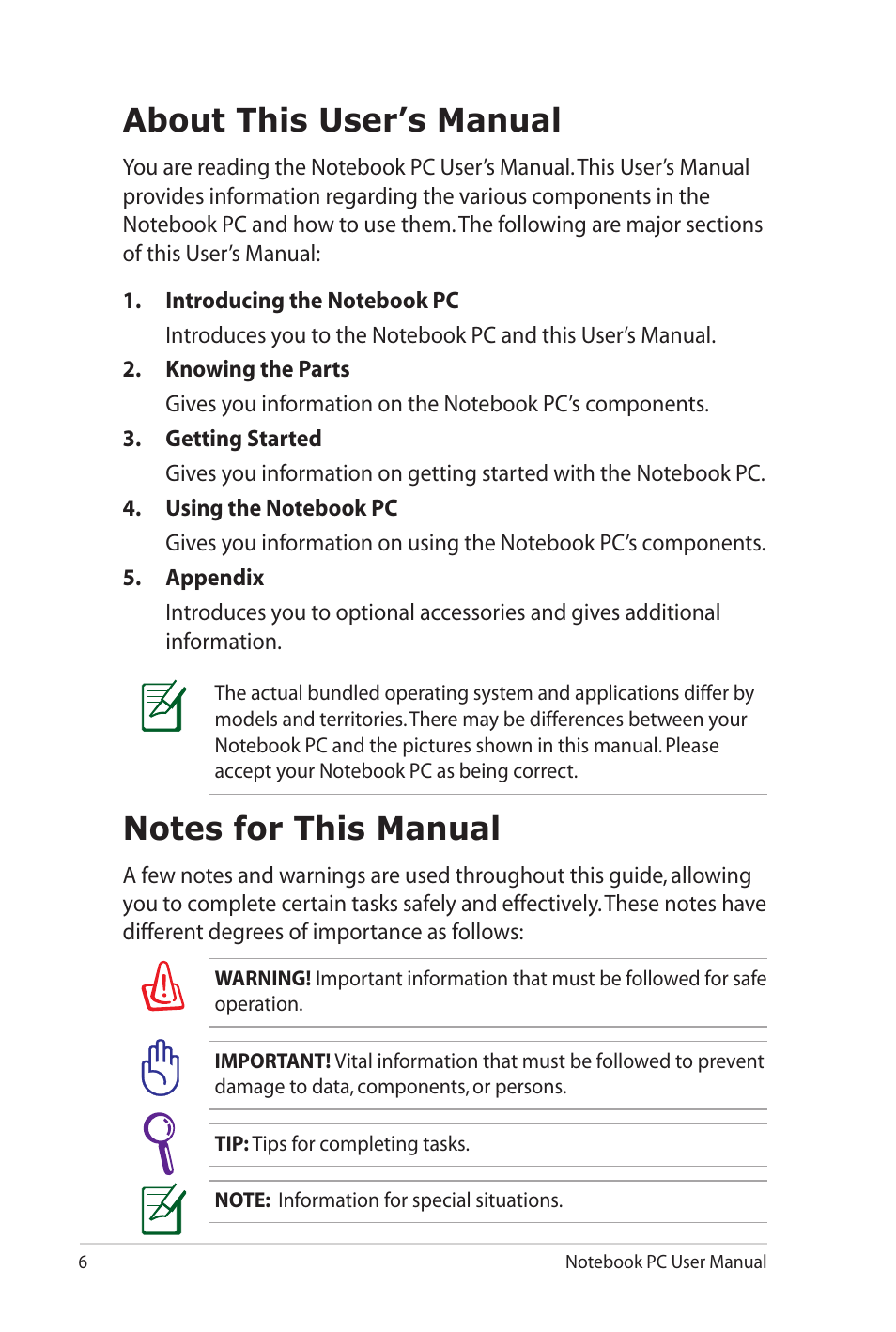 About this user’s manual, Notes for this manual, About this user’s manual notes for this manual | Asus G73Jw User Manual | Page 6 / 118