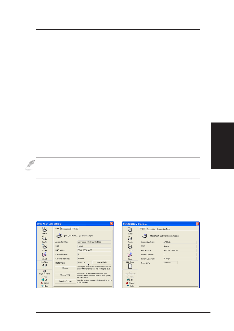 Wireless settings utility, Status - status tab | Asus WL-100gE User Manual | Page 23 / 58