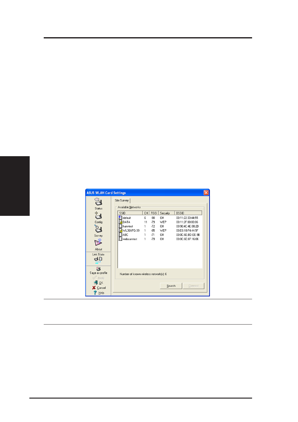 Survey - site survey, Chapter 3 - reference, Buttons | Asus WL-100gE User Manual | Page 36 / 58