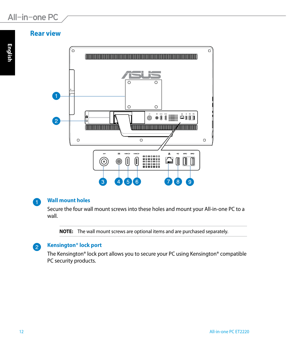 Rear view | Asus ET2220IUTI User Manual | Page 12 / 56