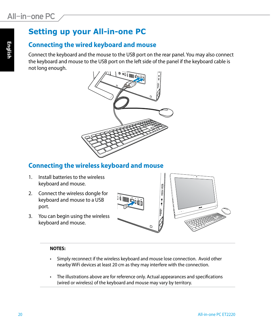 Setting up your all-in-one pc, Connecting the wired keyboard and mouse, Connecting the wireless keyboard and mouse | Asus ET2220IUTI User Manual | Page 20 / 56