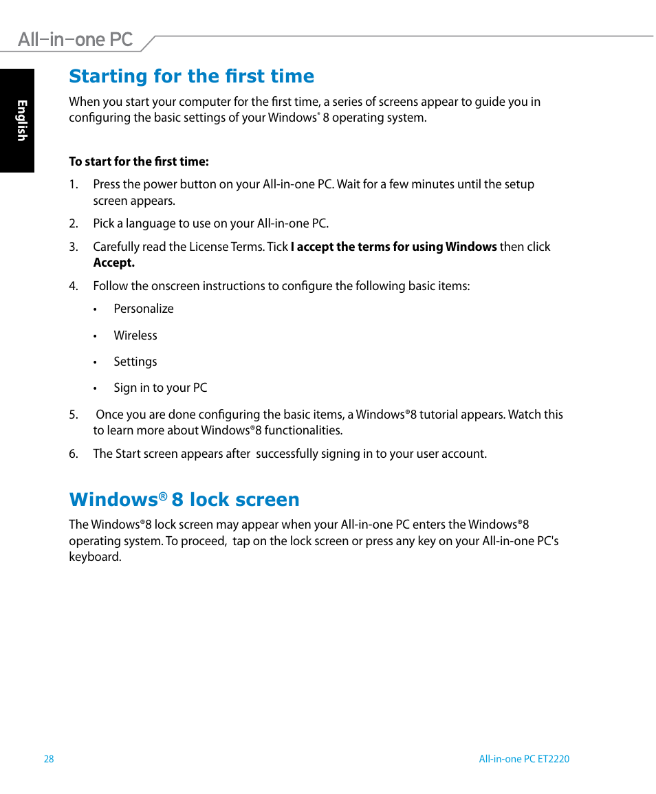 Starting for the first time, Windows® 8 lock screen, Starting for the first time windows | 8 lock screen, Windows | Asus ET2220IUTI User Manual | Page 28 / 56