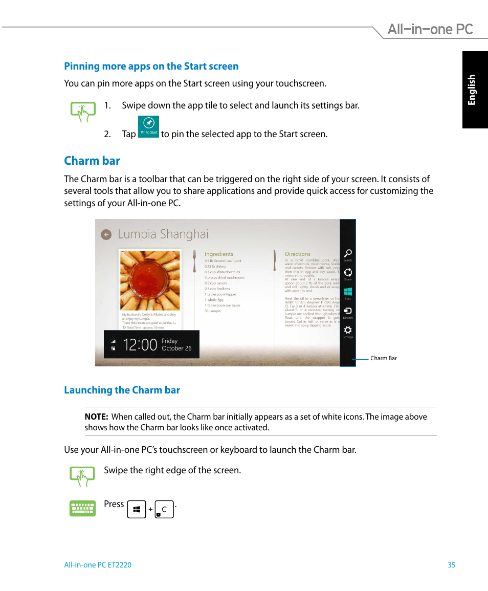 Charm bar | Asus ET2220IUTI User Manual | Page 35 / 56