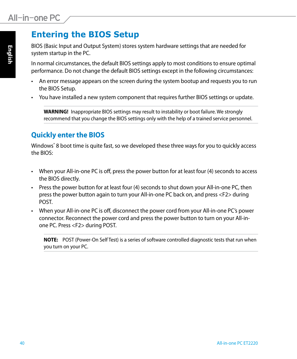 Entering the bios setup, Quickly enter the bios | Asus ET2220IUTI User Manual | Page 40 / 56