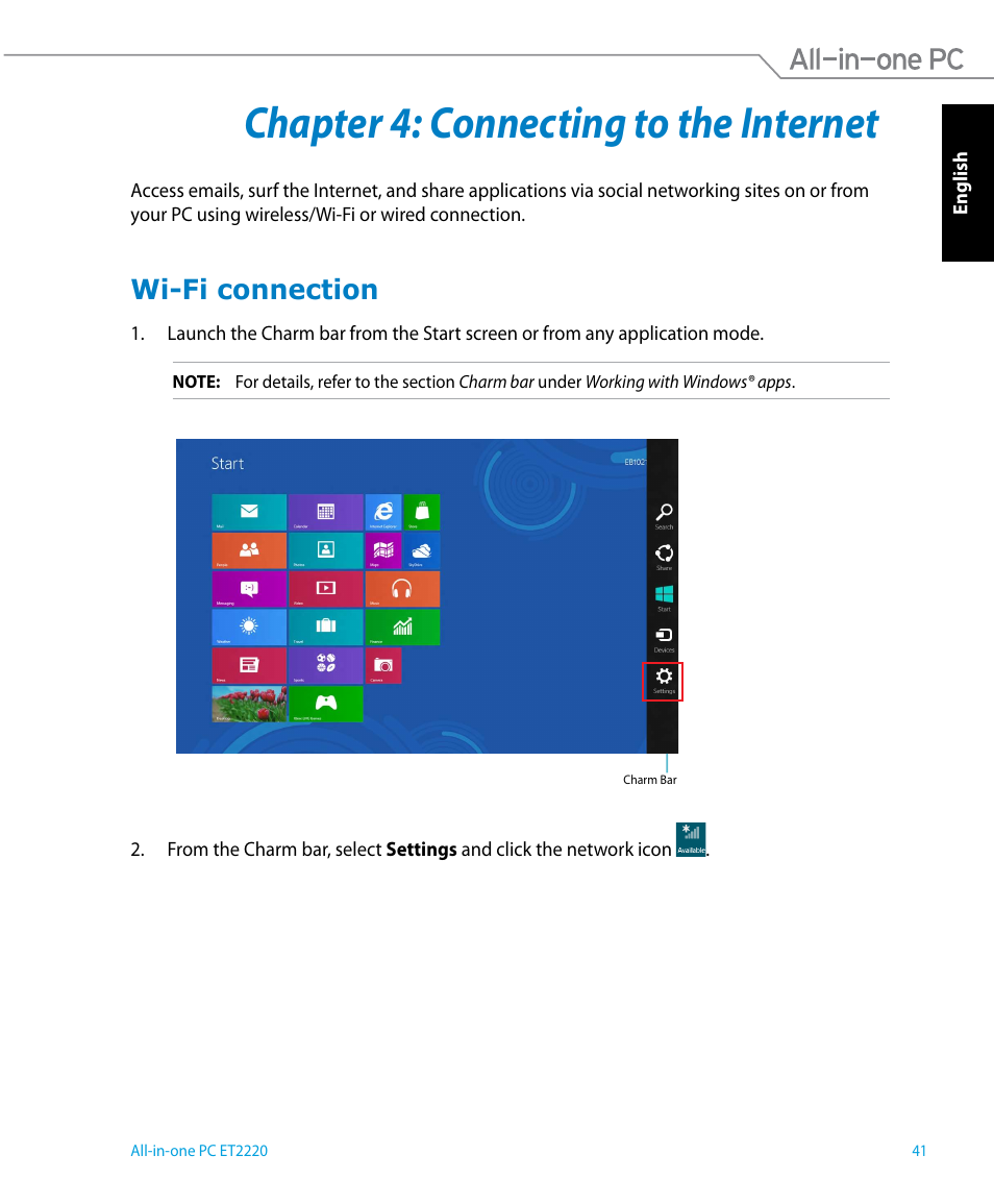 Chapter 4: connecting to the internet, Wi-fi connection, Chapter 4 | Connecting to the internet | Asus ET2220IUTI User Manual | Page 41 / 56