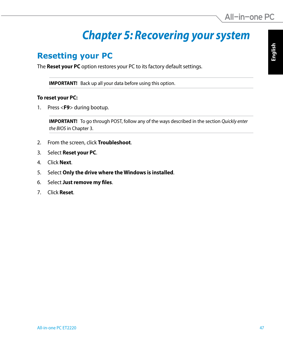 Chapter 5: recovering your system, Resetting your pc, Chapter 5 | Recovering your system | Asus ET2220IUTI User Manual | Page 47 / 56