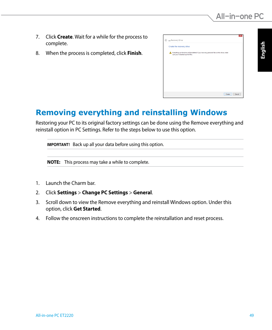 Removing everything and reinstalling windows | Asus ET2220IUTI User Manual | Page 49 / 56