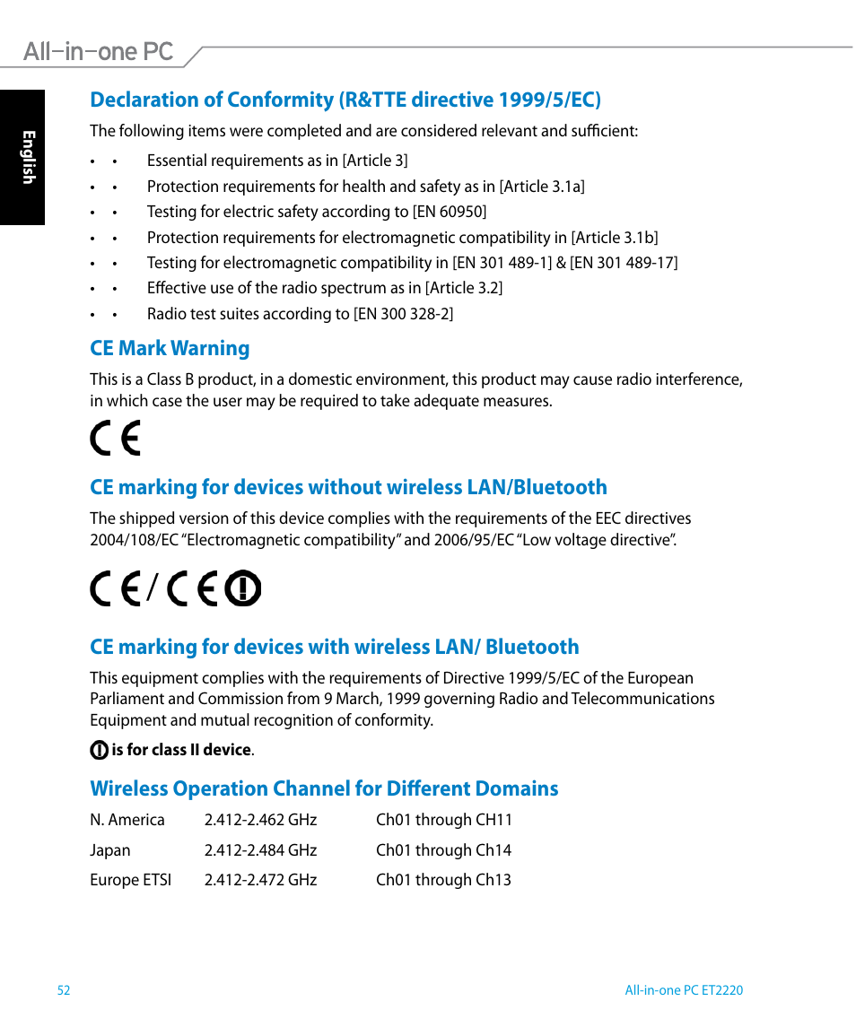 Ce mark warning, Wireless operation channel for different domains | Asus ET2220IUTI User Manual | Page 52 / 56