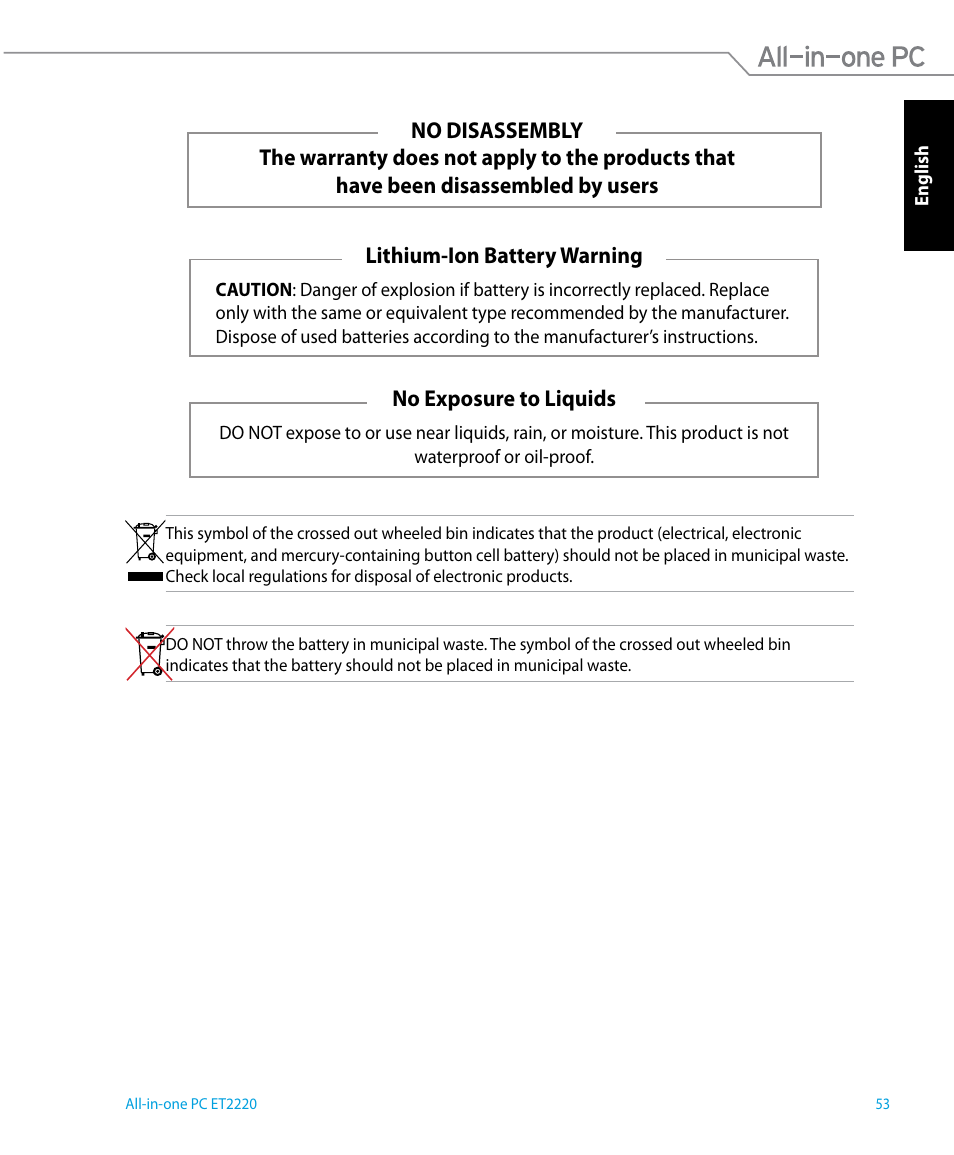 No exposure to liquids | Asus ET2220IUTI User Manual | Page 53 / 56