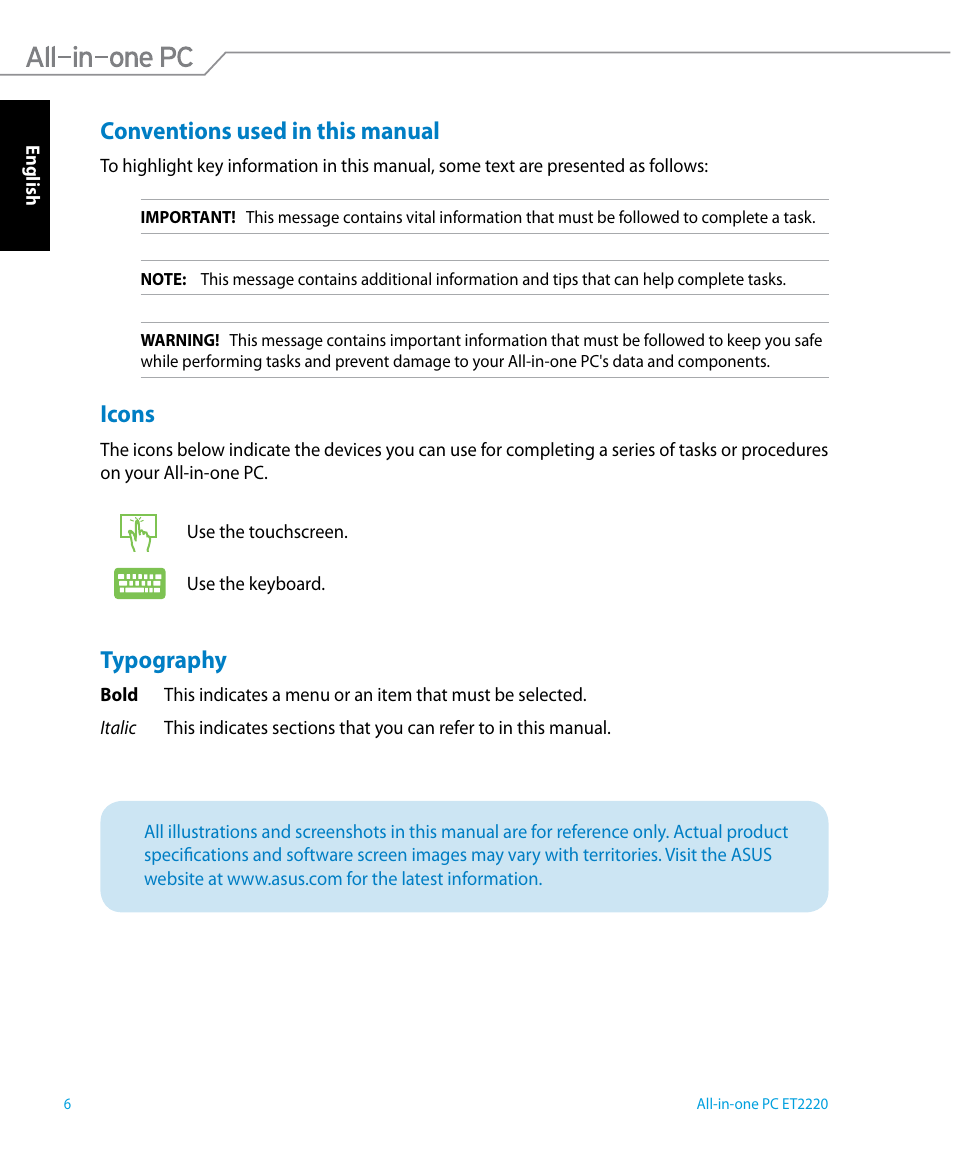 Conventions used in this manual, Icons, Typography | Conventions used in this manual icons typography | Asus ET2220IUTI User Manual | Page 6 / 56