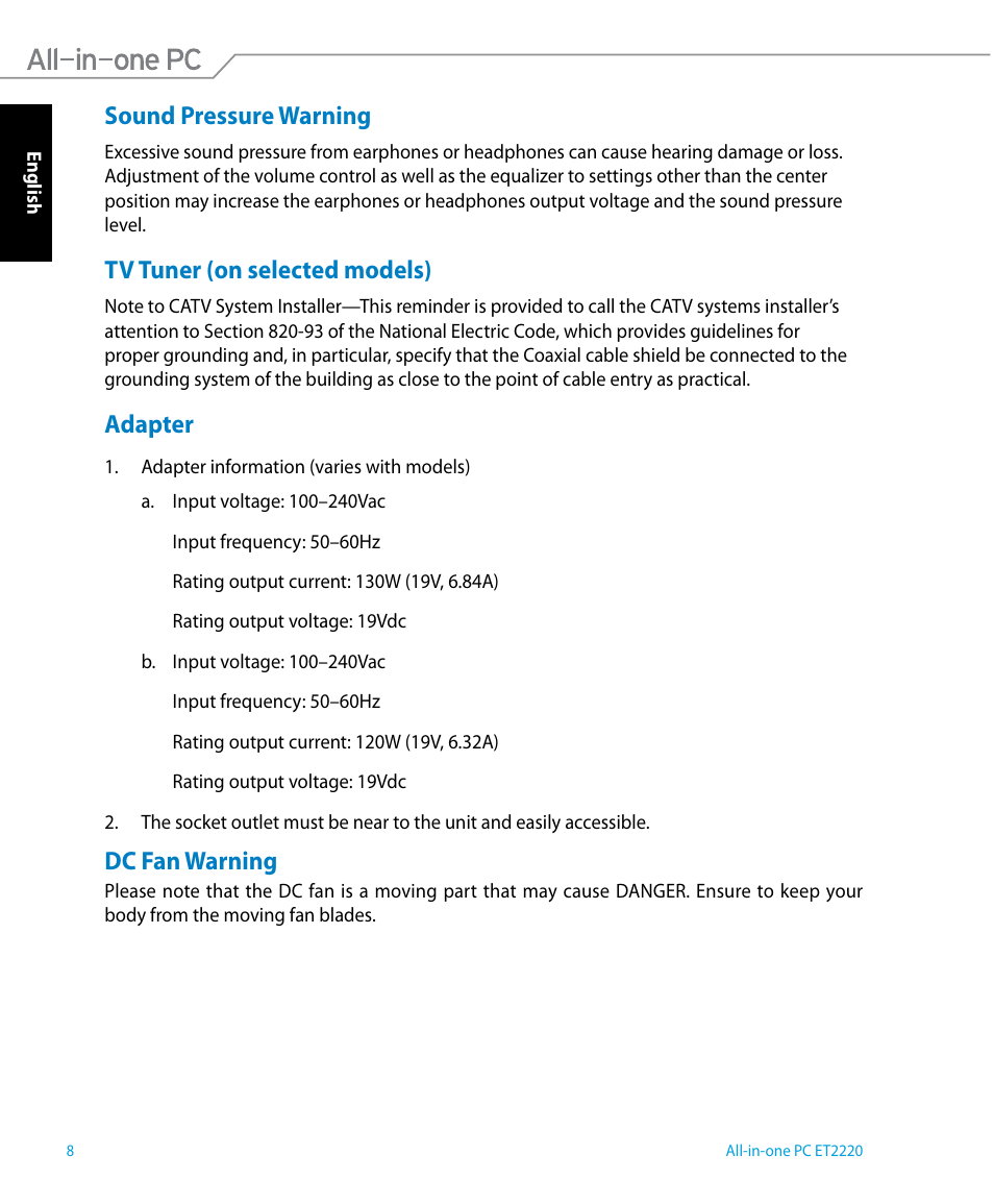 Sound pressure warning, Tv tuner (on selected models), Adapter | Dc fan warning | Asus ET2220IUTI User Manual | Page 8 / 56