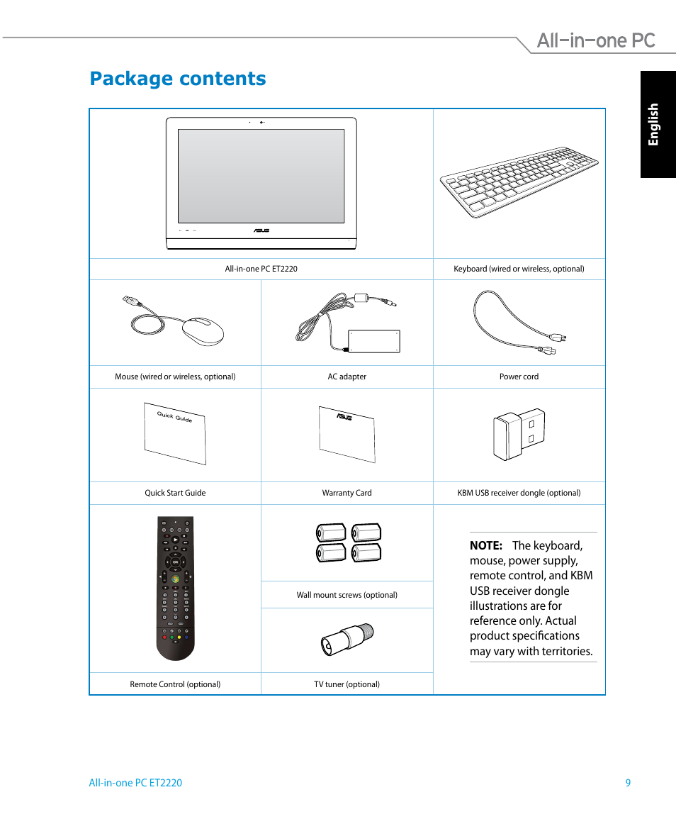 Package contents, English | Asus ET2220IUTI User Manual | Page 9 / 56