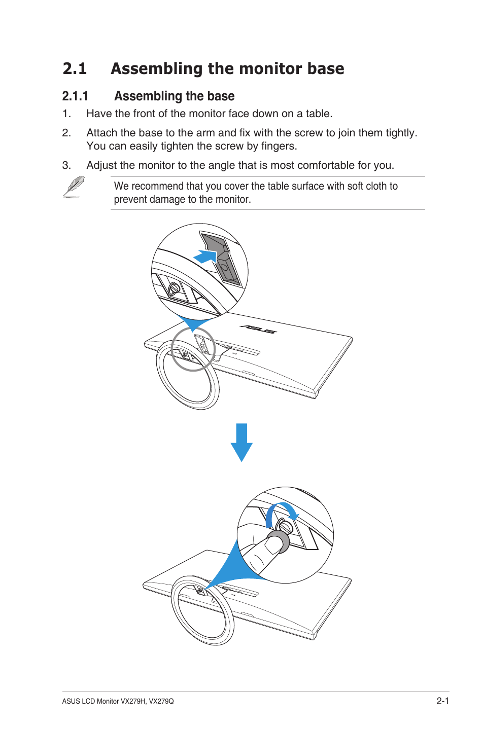 1 assembling the monitor base, 1 assembling the base, Assembling the monitor base -1 2.1.1 | Assembling the base -1 | Asus VX279Q-W User Manual | Page 14 / 26