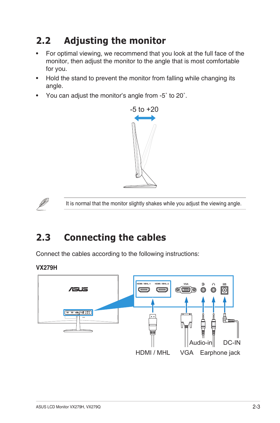 2 adjusting the monitor, 3 connecting the cables, Adjusting the monitor -3 | Connecting the cables -3, 5 to +20 | Asus VX279Q-W User Manual | Page 16 / 26