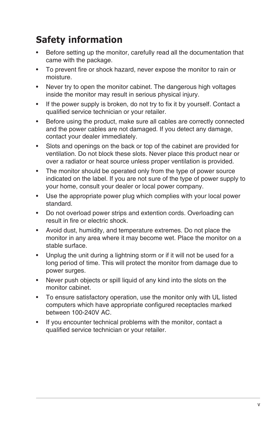 Safety information | Asus VX279Q-W User Manual | Page 5 / 26