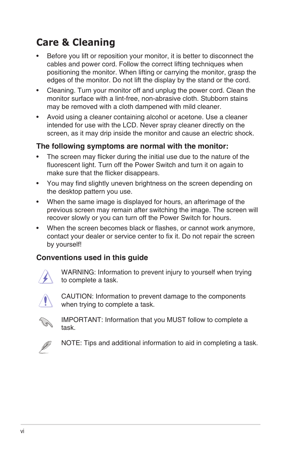Care & cleaning | Asus VX279Q-W User Manual | Page 6 / 26