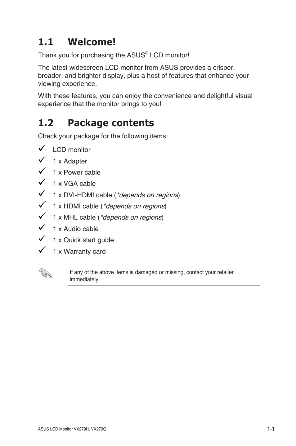 1 welcome, 2 package contents, 1 welcome! -1 1.2 | Package contents -1 | Asus VX279Q-W User Manual | Page 8 / 26